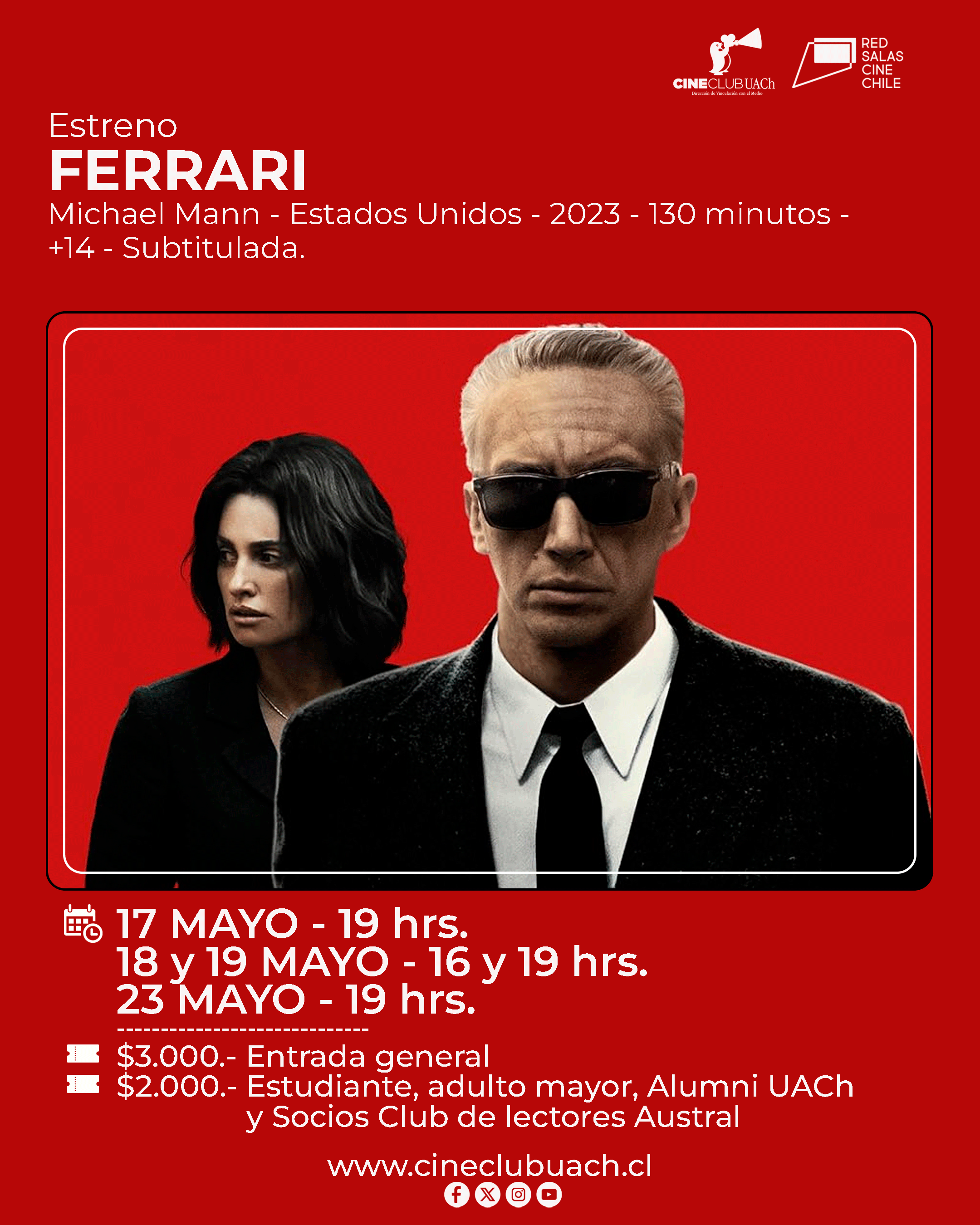 Película biográfica “Ferrari” se exhibirá este fin de semana en el Cine Club UACh